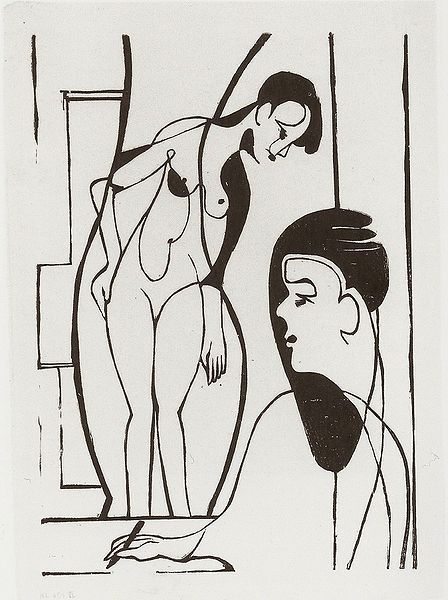 Artist and female modell - woodcut